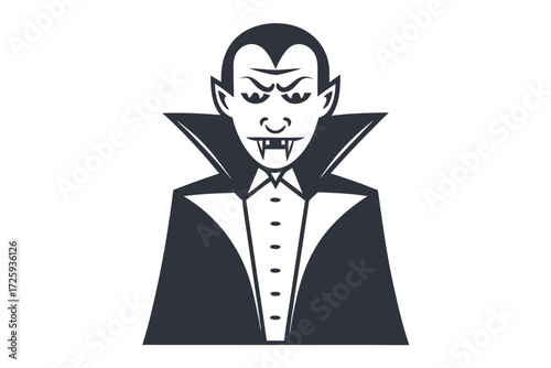 Stylized dark figure displays vampire fangs and evil eyes wearing a dark cloak