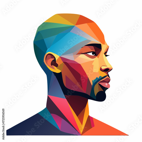 Vibrant geometric portrait of a man in profile, crafted with a spectrum of colorful low-poly shapes. An abstract and modern concept of digital identity