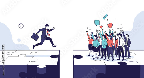 A businessman leaps across a gap to join a cheering crowd.