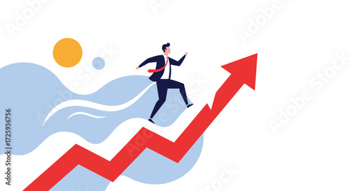 A determined businessman confidently ascends a rising red arrow indicating growth and success.