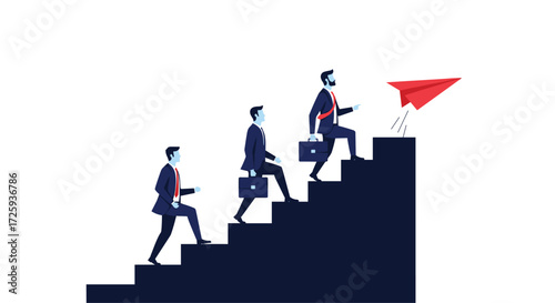 Businessmen ascending stairs with a red paper airplane leading the way to success.