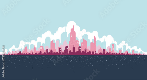 A colorful stylized cityscape silhouette against a bright blue sky with clouds.