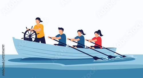 Teamwork and leadership guide a boat on the water towards a successful destination.