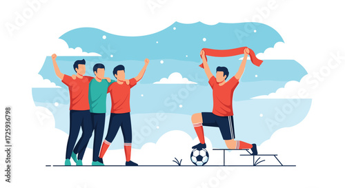 Soccer players celebrate a hard-fought victory on the field together.