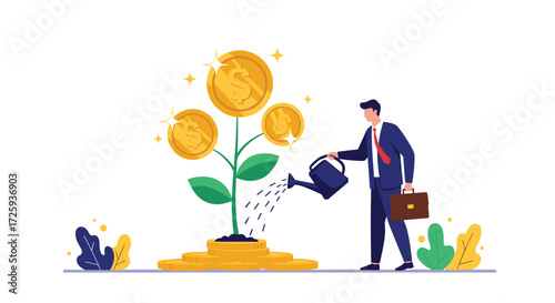 A businessman waters a money tree with coins growing from it.