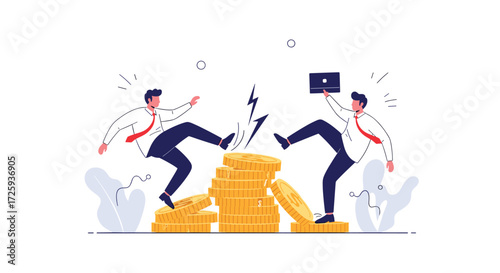 Business partners fighting over a large pile of gold coins and a laptop.