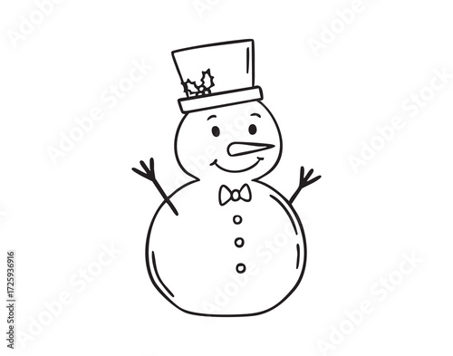 snowman with hat carrot nose and bow tie. monochrome line art, monochrome line art, clean outline, hand drawn, monochrome line art doodle hand drawn cartoon icon element