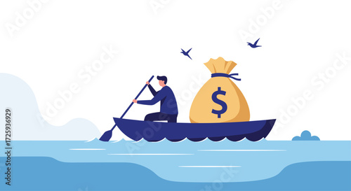 A man rows a boat carrying a large bag of money across the water.