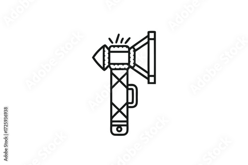 Stylized military flashlight outline illuminates a dark room with focused beam and durable construction