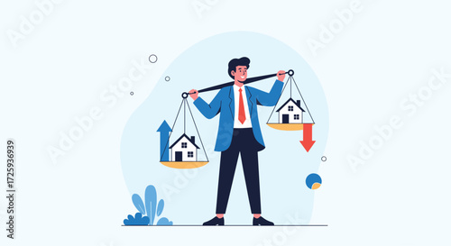 A man balances houses on a scale representing real estate market fluctuations.