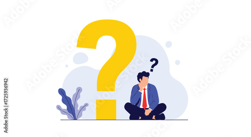 A person sits in contemplation next to a large yellow question mark.