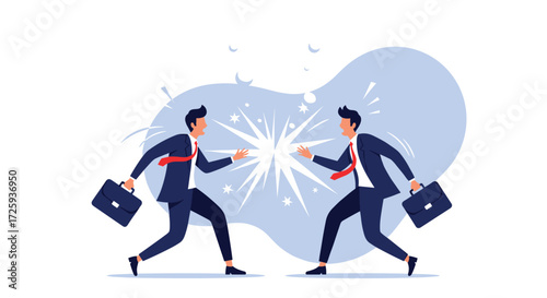 Two business people in suits facing each other with briefcases in hand and a bright light bursting between them.
