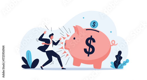 A frustrated man shouts at a piggy bank with a dollar sign on it in a stylized illustration.