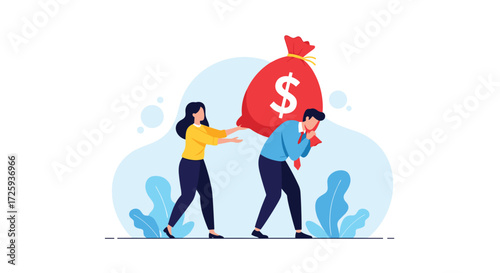 A couple struggles to carry a large bag of money together.
