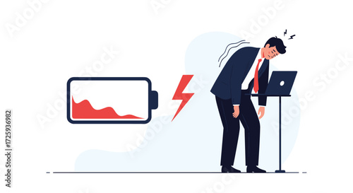 Exhausted businessman with a low battery symbol indicating burnout and lack of energy.