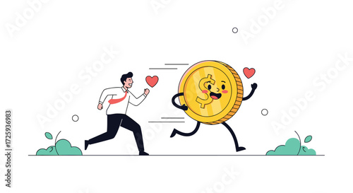 A businessman chases a running coin character with a heart in its hand.