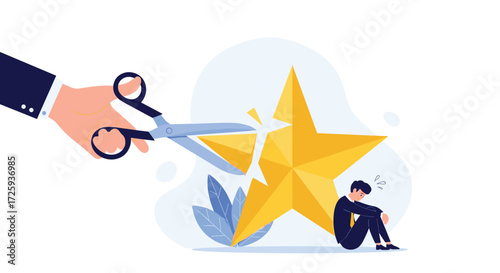 A hand is cutting a golden star with scissors while a sad person sits next to it.
