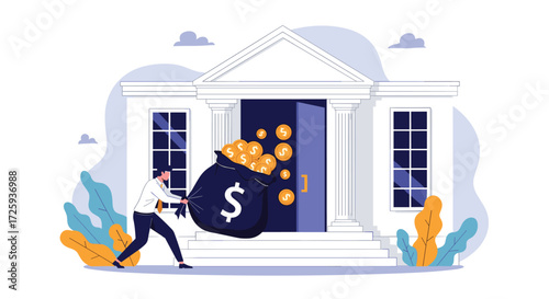 Illustrating the concept of a man pulling a large bag of money towards a bank building.