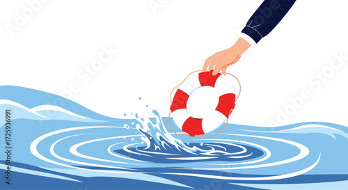 A helping hand extends a life preserver into choppy blue water offering rescue and support.