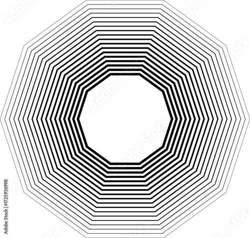 Polygon frame with 18 concentric solid lines varying in thickness from inside thicker to outside thinner without gradient.