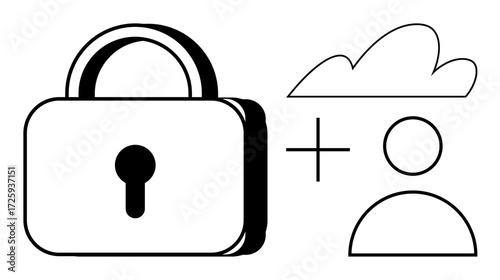 Lock and keyhole represent security, cloud symbolizes online storage, plus sign adds user access. Ideal for data safety, account protection, cloud computing, access control, cybersecurity, privacy
