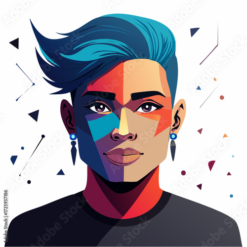 A modern conceptual portrait of a stylish individual with vibrant blue hair, rendered in a bold geometric style on a white background