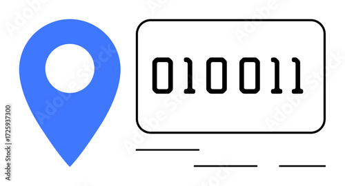 Blue map pin alongside a binary code panel, representing digital location, data processing, and analytics. Ideal for technology, geolocation, navigation, GPS data coding innovation. Simple flat