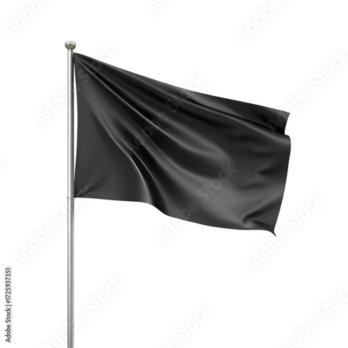 Black flag waving on a silver flagpole isolated on a black background fabric