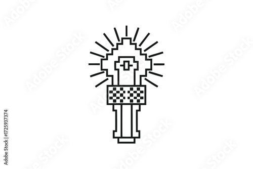 Stylized pixel art presents a black and white lightbulb radiating energy outward