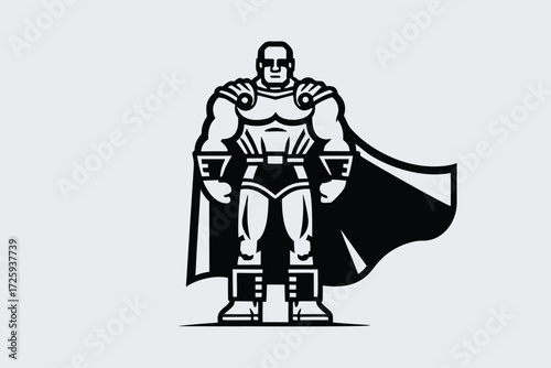Stylized superhero figure stands confidently, cape flowing, solid black on white background
