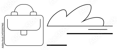 Linear backpack next to abstract foliage and horizon, suggesting professional or outdoor themes. Ideal for adventure, travel, work-life balance, education, minimalism, nature simplicity. Clean flat