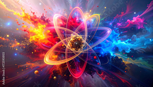  Silhouette of Atom Model on Grey. Science concept. Generated Image