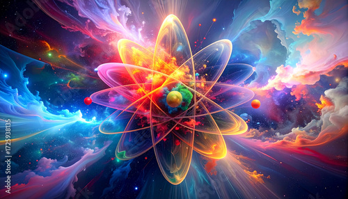  Silhouette of Atom Model on Grey. Science concept. Generated Image