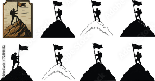 Hiker on Mountain Peak Holding Flag, Victory Concept, Silhouette Design, Outdoor Adventure, Hiking Achievement, Climbing Illustration Art