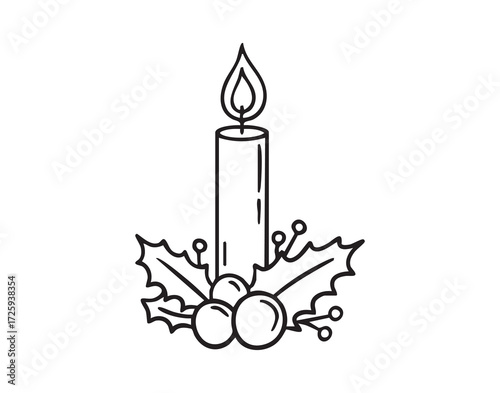 burning candle with christmas berries. monochrome line art, monochrome line art, clean outline, hand drawn, monochrome line art doodle hand drawn cartoon icon element