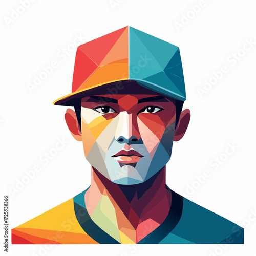 Vibrant geometric portrait of a modern young man in a colorful baseball cap, a striking low-poly abstract art illustration