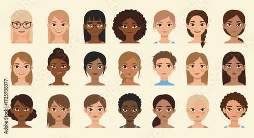 Diverse Collection of Female Faces Representing Various Ethnicities and Hairstyles