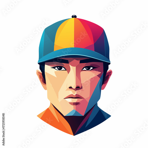 Vibrant geometric low poly portrait of a young man wearing a colorful baseball cap on a white background, representing modern digital art