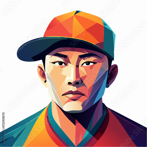 Polygonal portrait of a confident young Asian man in a colorful baseball cap, modern low-poly vector art style illustration on a white background