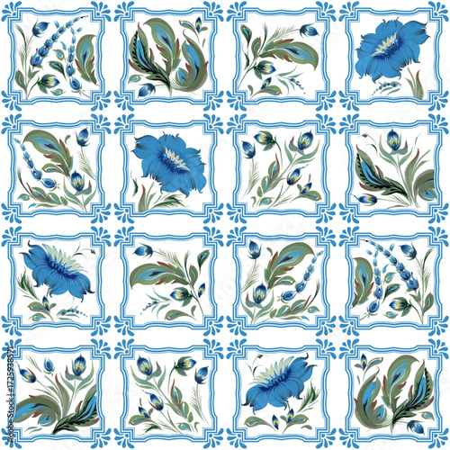 Seamless patchwork pattern of blue and white tiles with ornate flowers and frames
