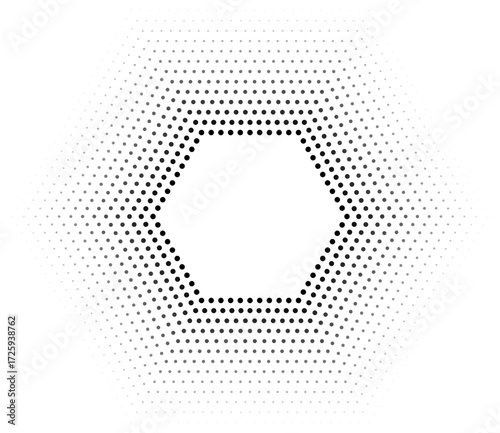 Hexagonal shape composed of 18 concentric dotted lines with thicker inner lines and thinner outer lines featuring a gradient from inside out