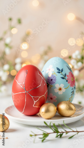 Colorful Easter eggs on a plate with golden decorations and greenery  
