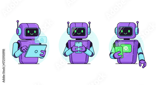 Three cartoon robots interacting with technology devices showcasing artificial intelligence and automation in digital communication and information exchange