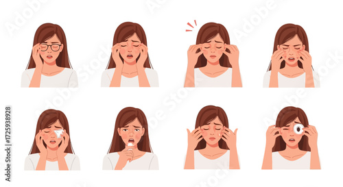 Multiple Expressions of a Woman Experiencing Eye Strain and Discomfort with Various Gestures and Facial Emotions Showing Pain and Fatigue