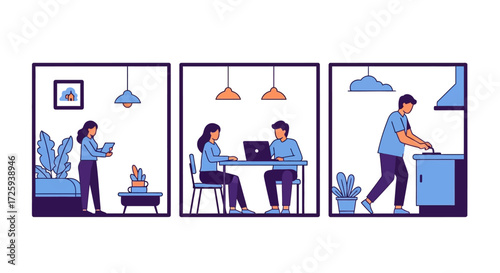 Visualizing different aspects of modern home living and work spaces showing people engaged in various domestic and professional activities