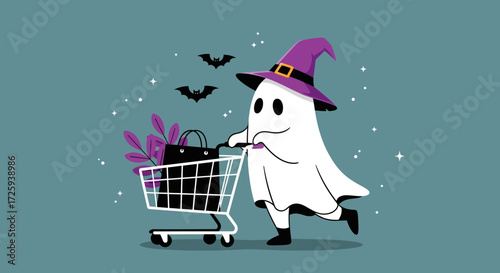 A Cute Ghost Wearing a Witch Hat Pushing a Shopping Cart Filled with Halloween Treats and Decorations for the Spooky Season Celebration