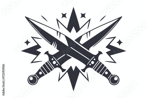 Two crossed swords with stars and sharp shapes create a powerful image