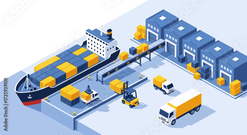 Container Ship Unloading Cargo at a Modern Distribution Warehouse with Trucks and Forklifts for Efficient Logistics and Supply Chain Operations