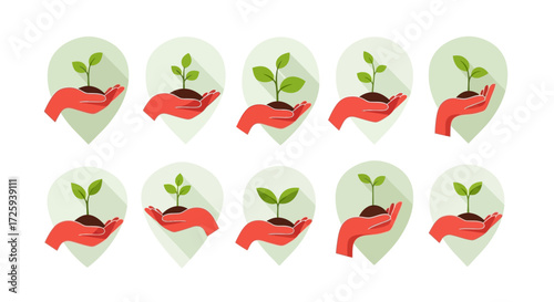 Illustration of hands holding small plants growing from soil in map marker shapes signifying growth and development concepts