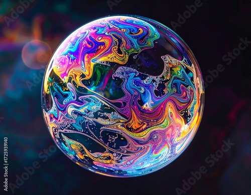 Soap bubble reflecting rainbow colors swirling patterns in dark space